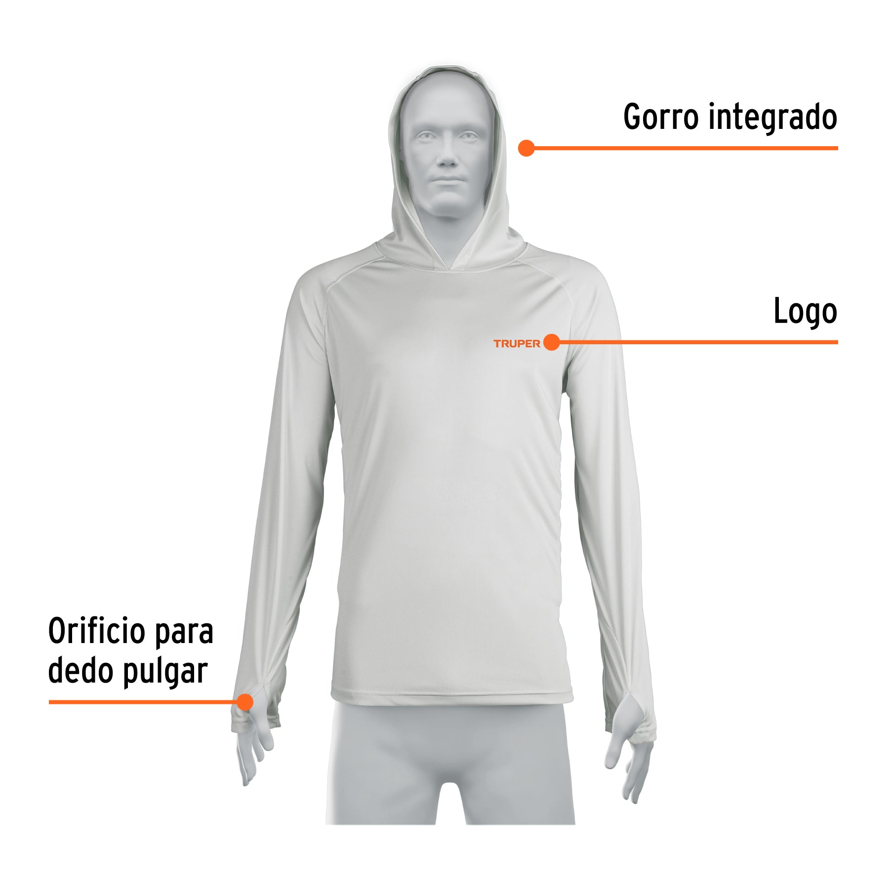 Playera protección solar,m. larga, c/gorro,hombre,G, TRUPER