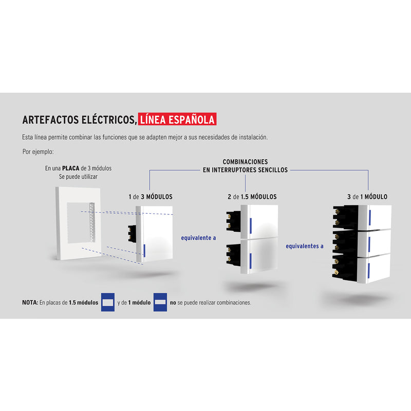 Placa 1 ventana, 1.5 módulos, línea Española, color blanco