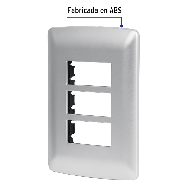 Placa 3 módulos de ABS, línea italiana, color plata, VOLTECK
