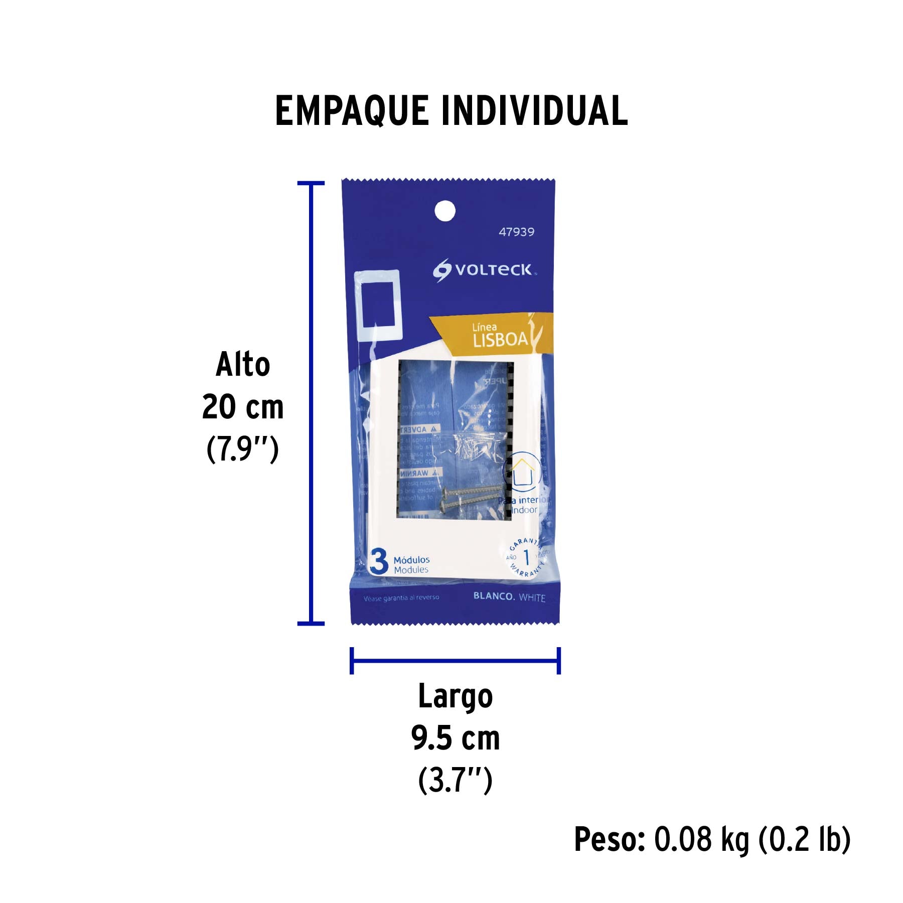 Placa blanca de 1 ventana 3 módulos, línea Lisboa, Volteck
