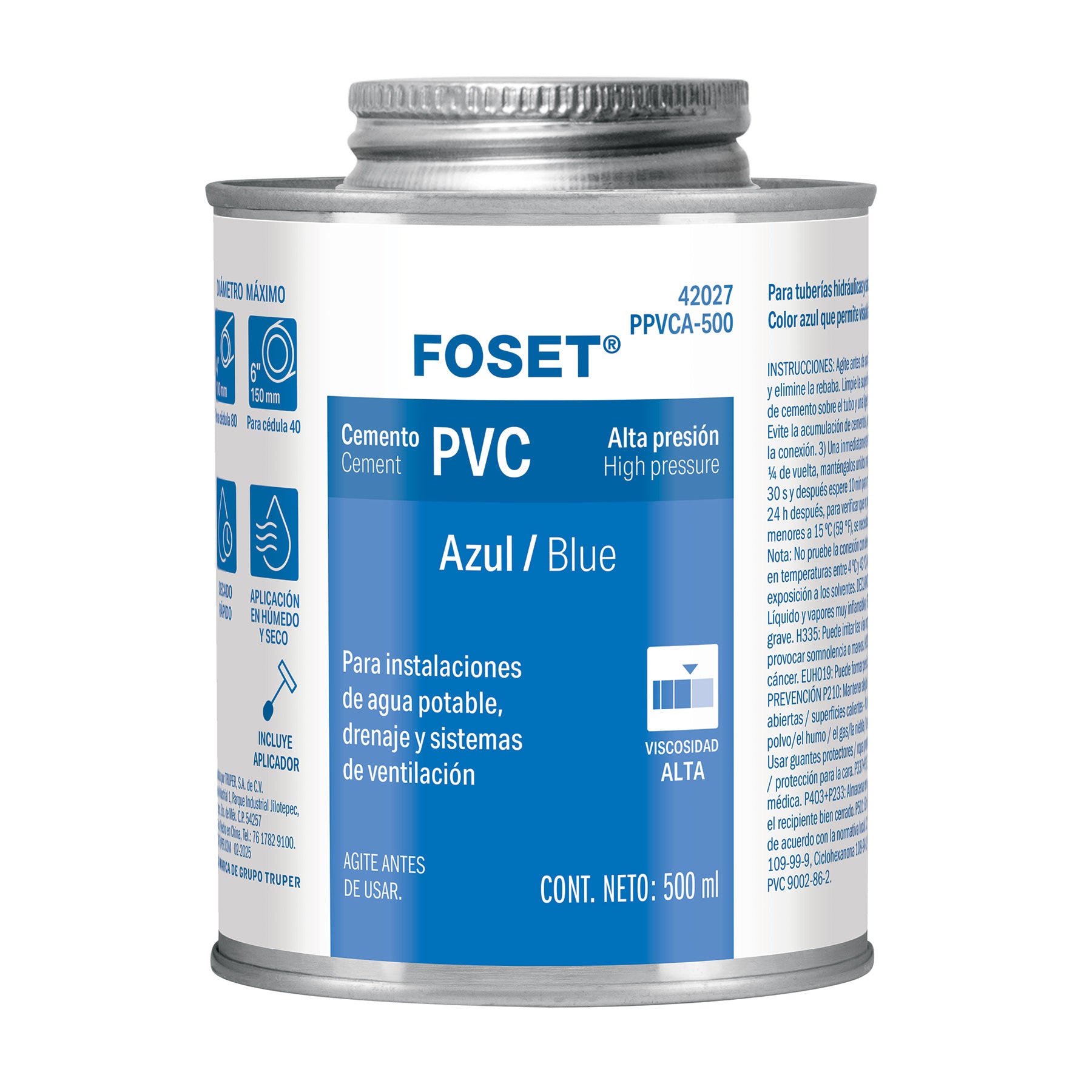 Cemento azul para PVC, hasta 12", bote 500 ml