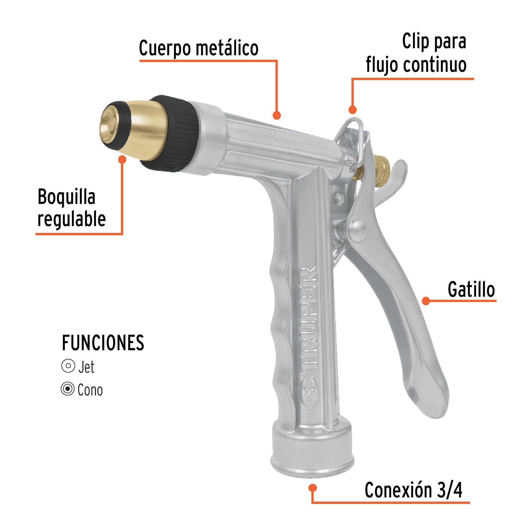 Pistola metálica reforzada 2 funciones boq. reg