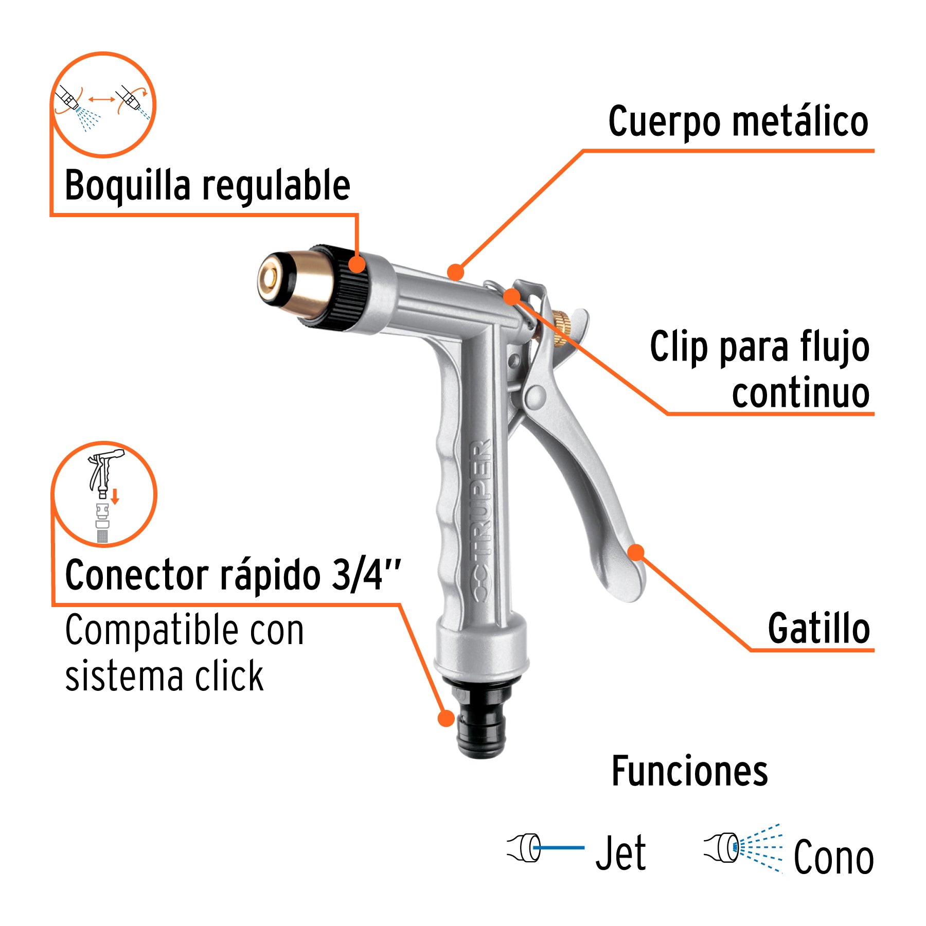 Pistola metálica reforzada 2 funciones boq. reg
