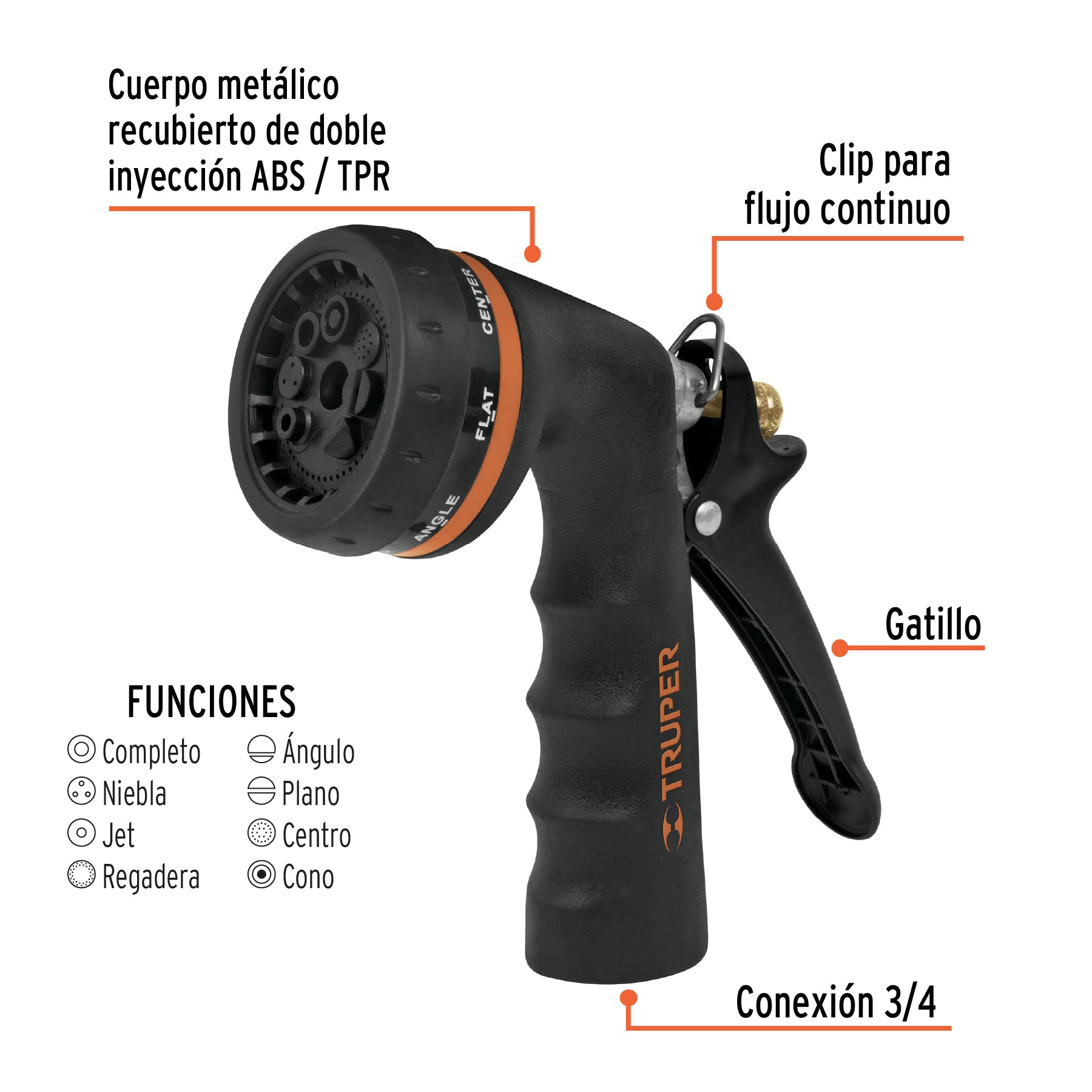 Pistola metálica 8 funciones con recubrim.