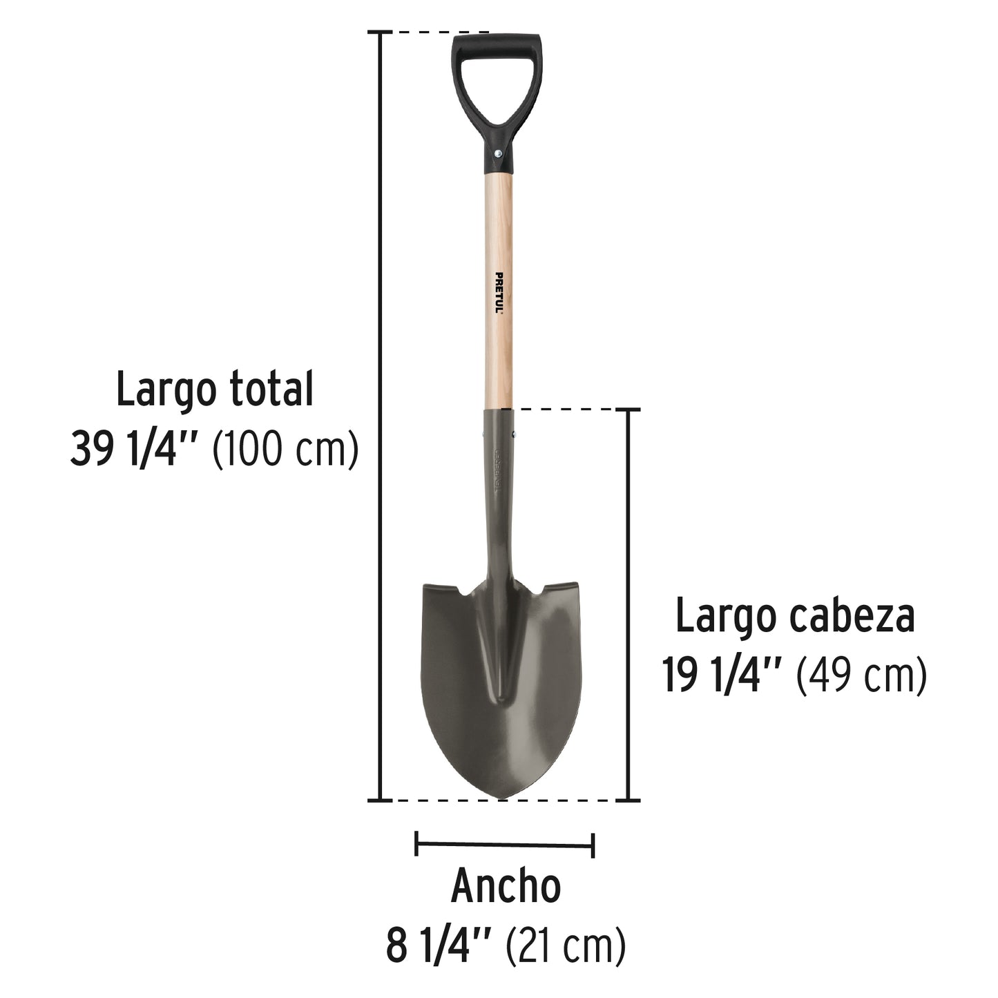 Pala redonda, puño "d", mango 28-1/2", pretul