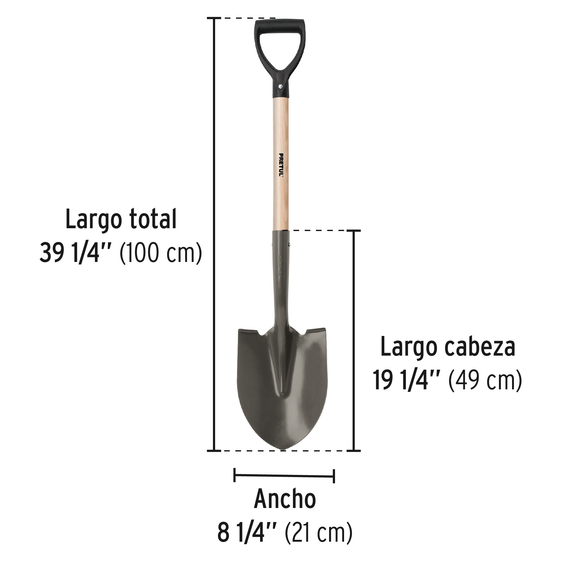 Pala redonda, puño "d", mango 28-1/2", pretul