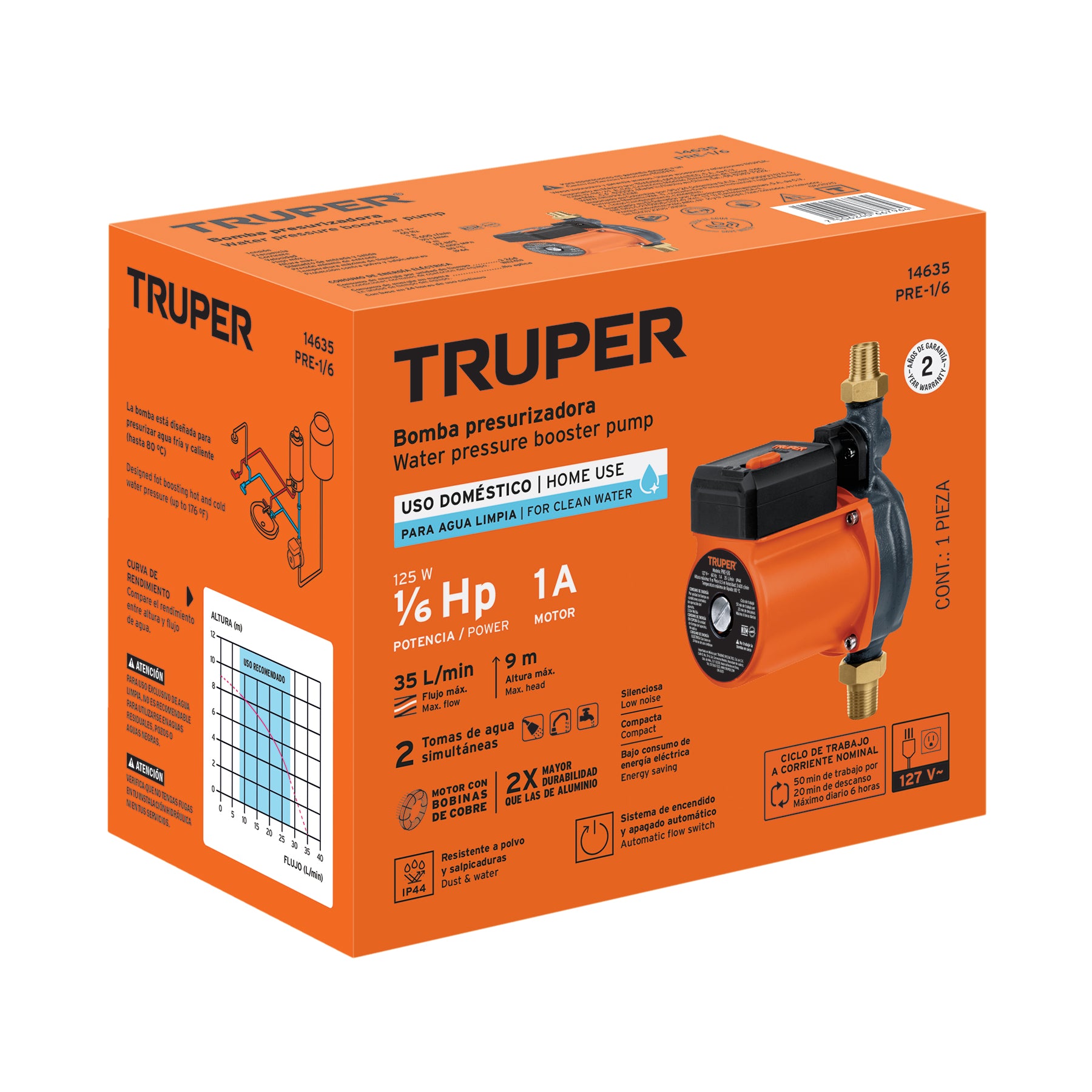 Bomba de agua con presurizador de 1/6 HP