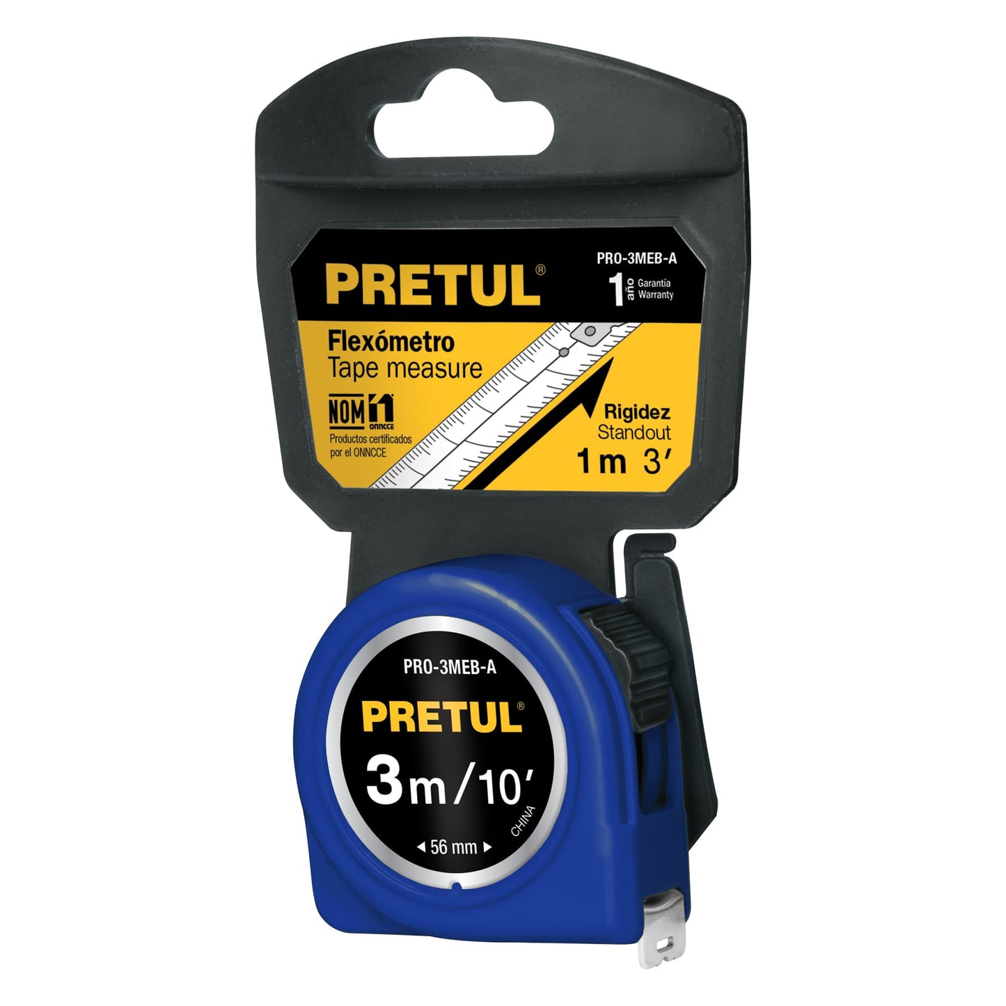 Flexómetro, azul, 3 m, cinta 13 mm, Pretul, tarjeta plástica