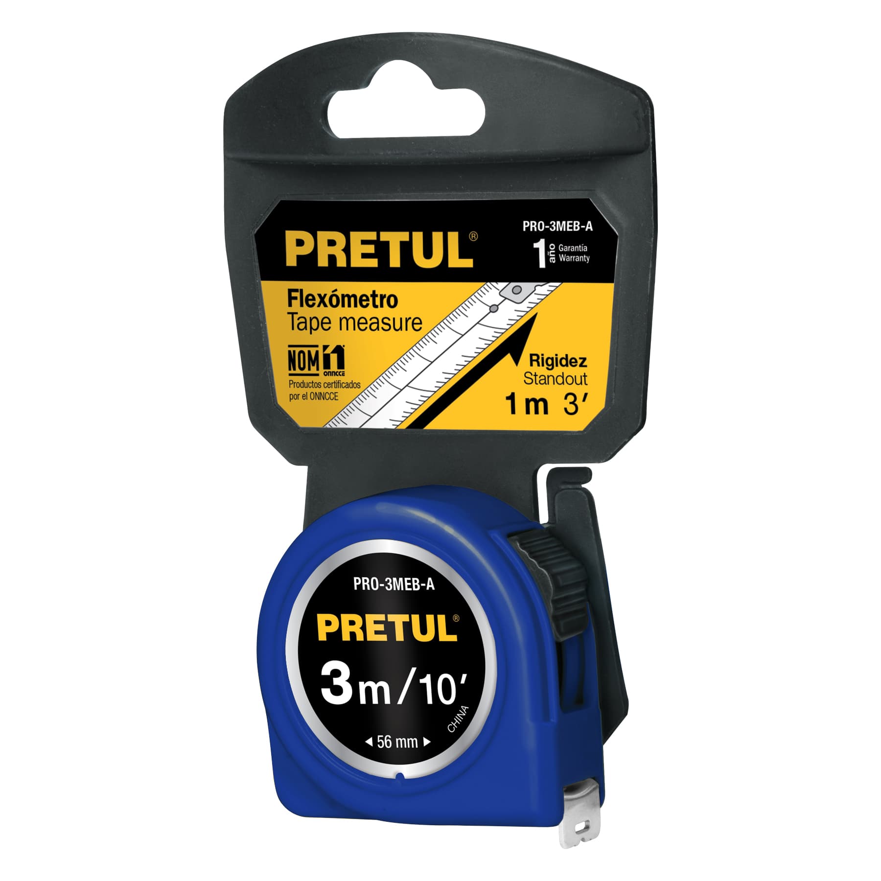 Flexómetro, azul, 3 m, cinta 13 mm, Pretul, tarjeta plástica