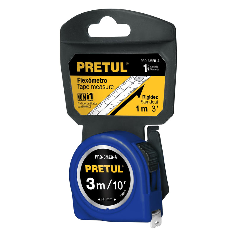 Flexómetro, azul, 3 m, cinta 13 mm, Pretul, tarjeta plástica