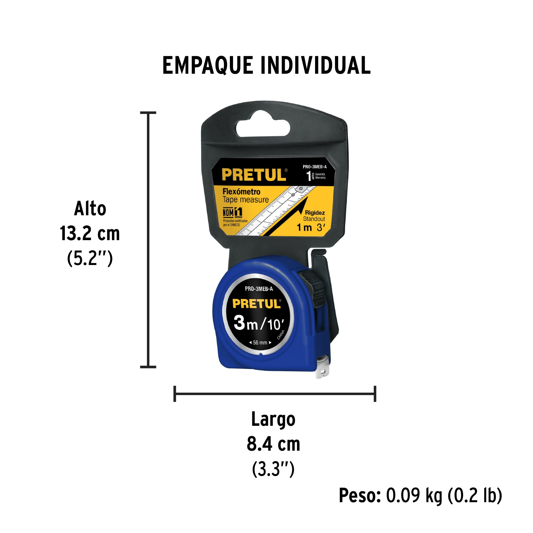 Flexómetro, azul, 3 m, cinta 13 mm, Pretul, tarjeta plástica