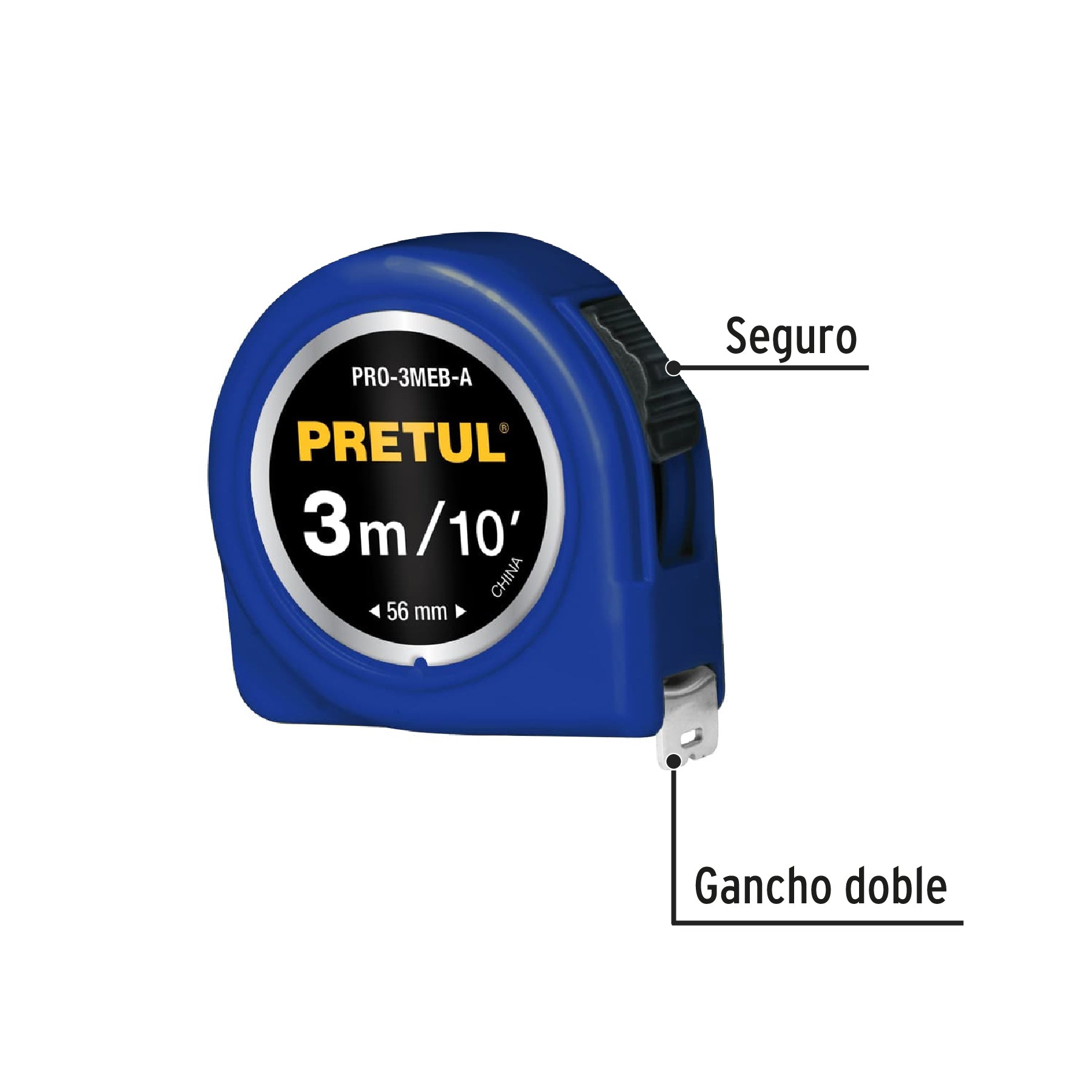 Flexómetro, azul, 3 m, cinta 13 mm, Pretul, tarjeta plástica