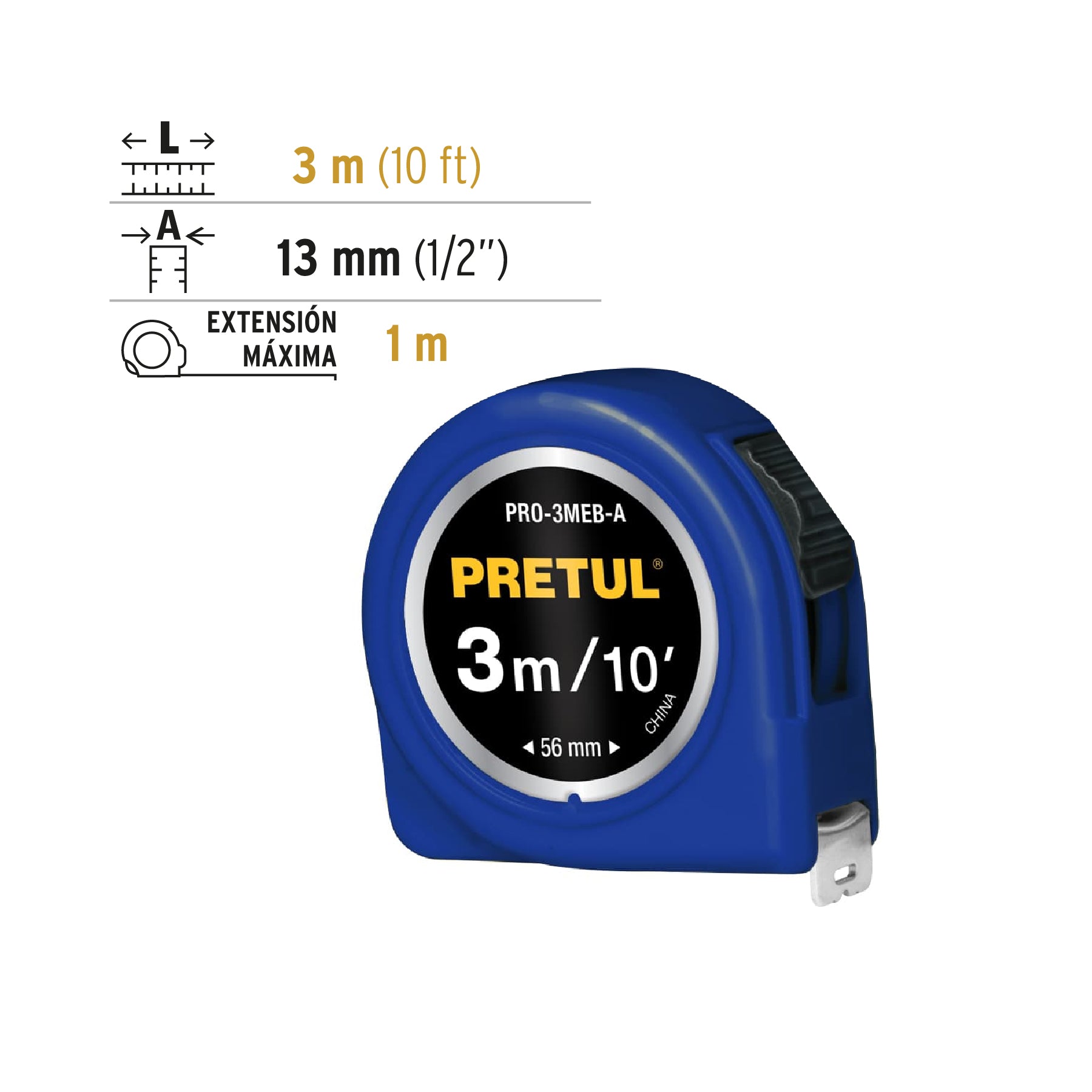 Flexómetro, azul, 3 m, cinta 13 mm, Pretul, tarjeta plástica