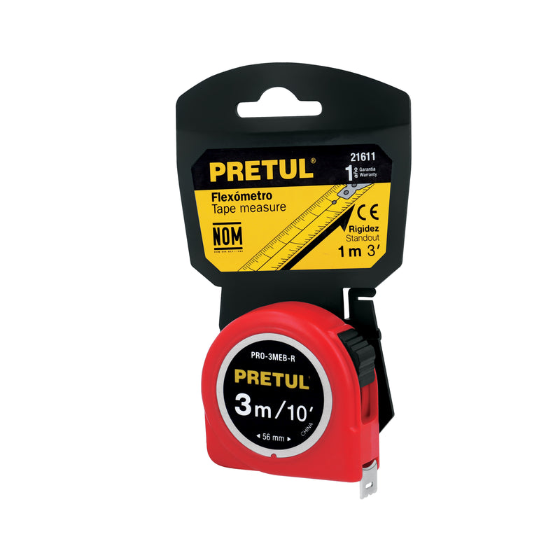 Flexómetro, rojo, 3 m, cinta 13 mm, Pretul, tarjeta plástica