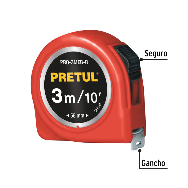 Flexómetro, rojo, 3 m, cinta 13 mm, Pretul, tarjeta plástica