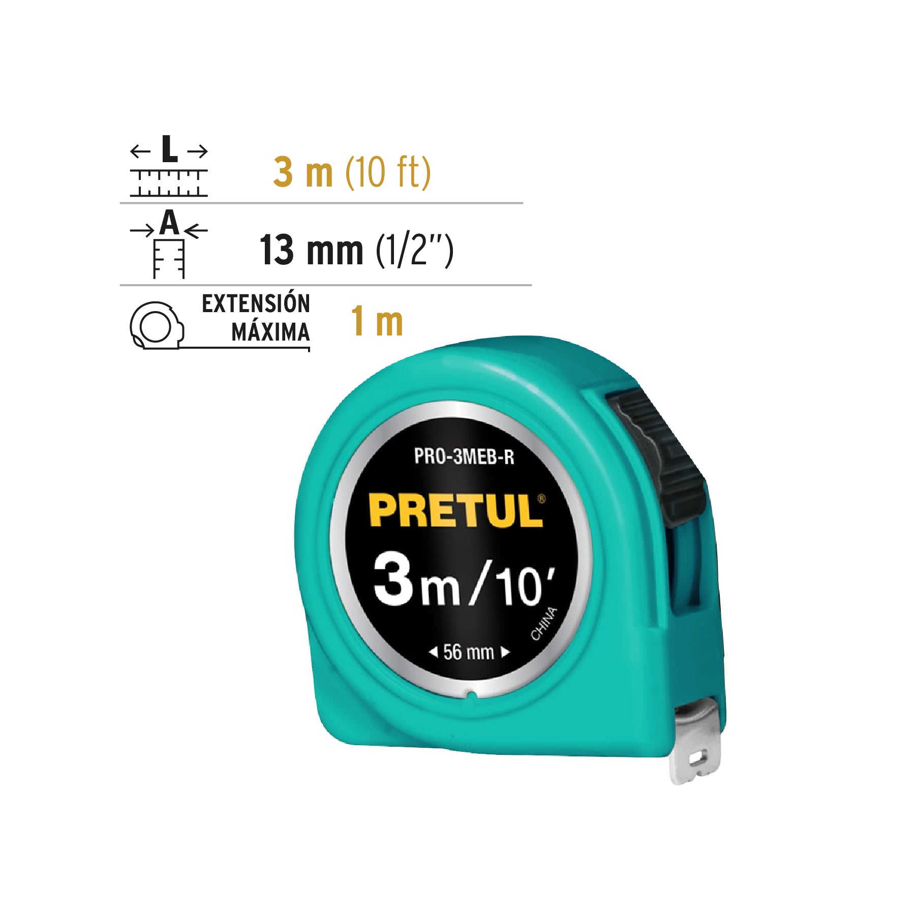 Flexómetro, rojo, 3 m, cinta 13 mm, Pretul, tarjeta plástica