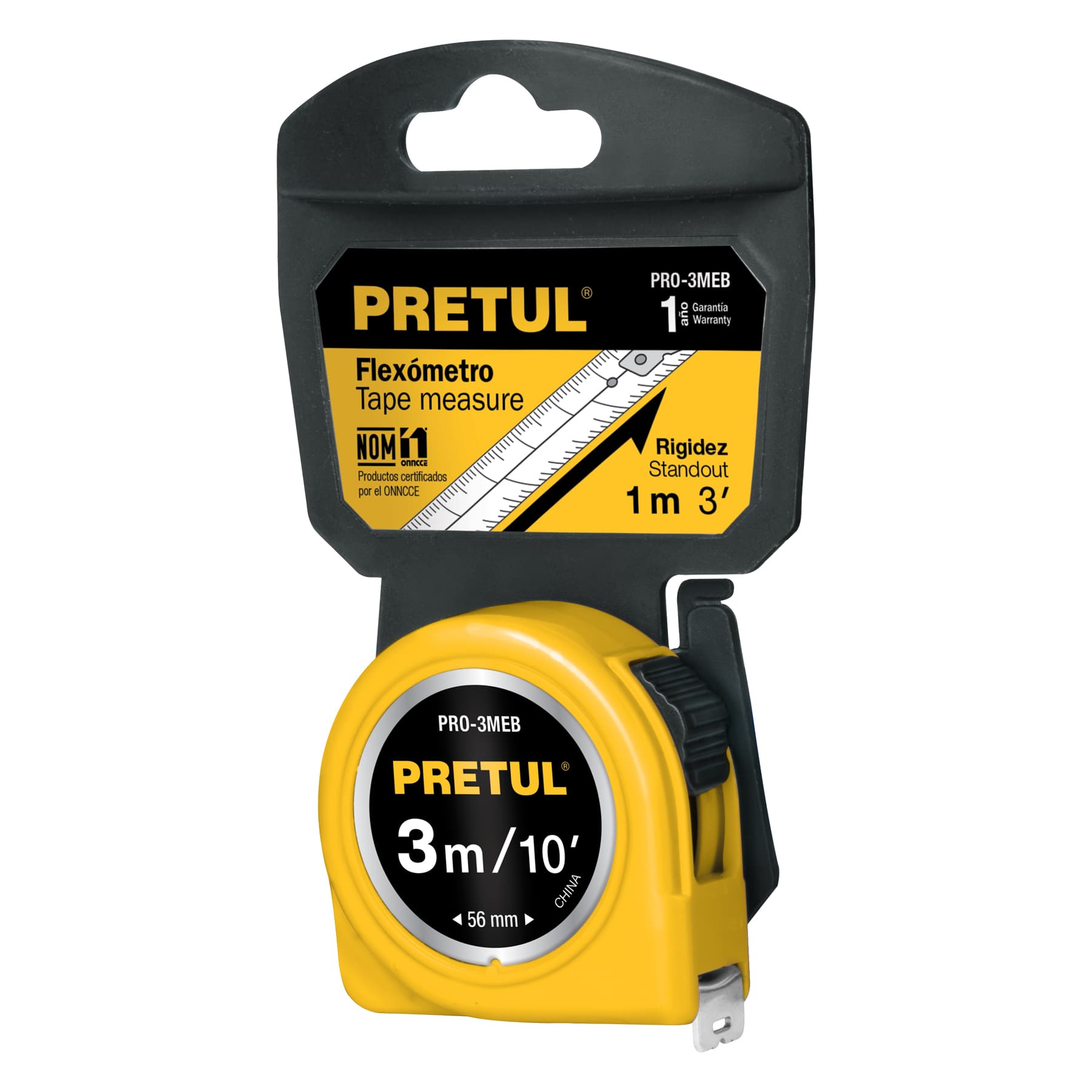 Flexómetro, amarillo, 3m,cinta 13mm, Pretul,tarjeta plástica
