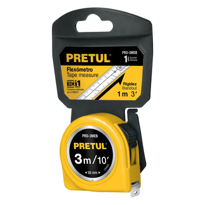 Flexómetro, amarillo, 3m,cinta 13mm, Pretul,tarjeta plástica