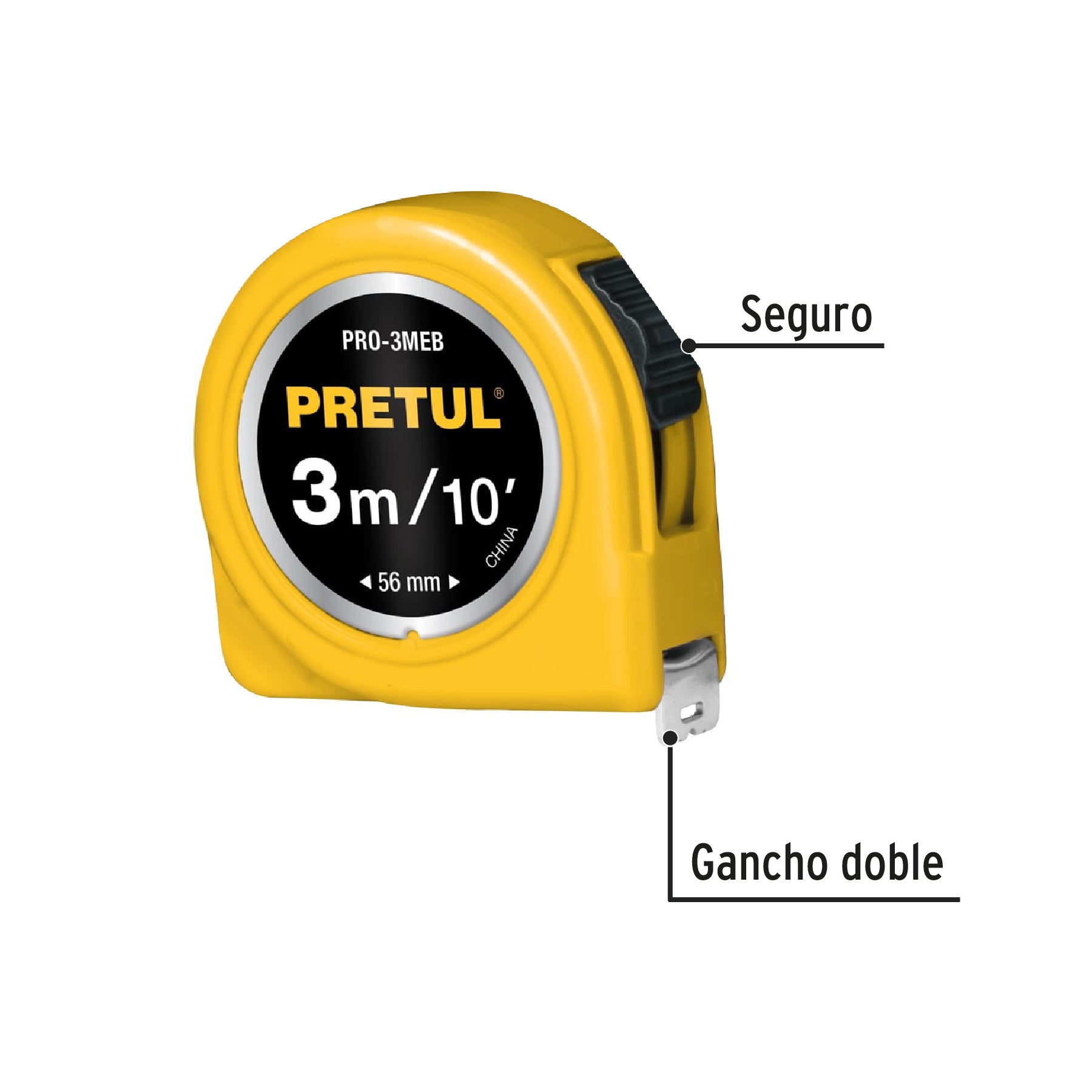 Flexómetro, amarillo, 3m,cinta 13mm, Pretul,tarjeta plástica