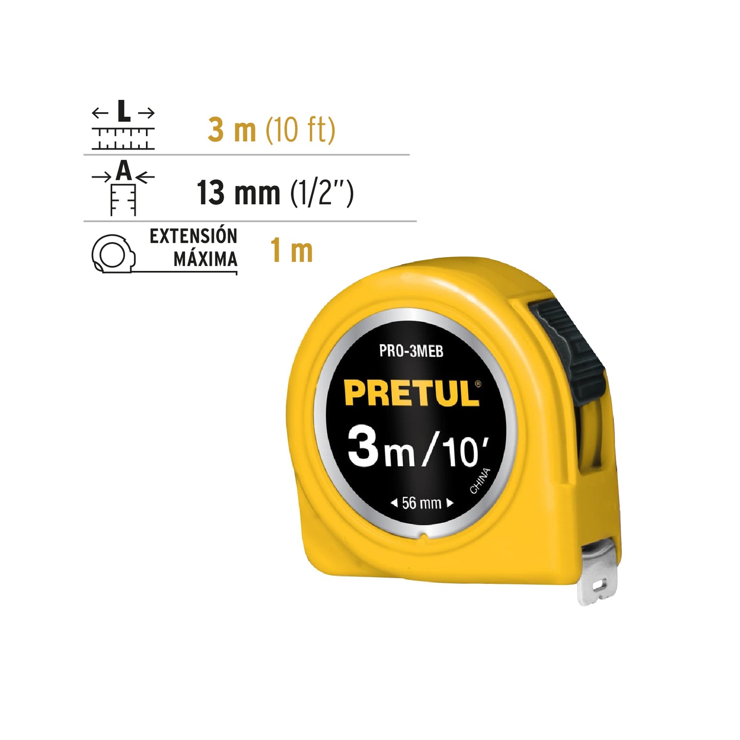 Flexómetro, amarillo, 3m,cinta 13mm, Pretul,tarjeta plástica