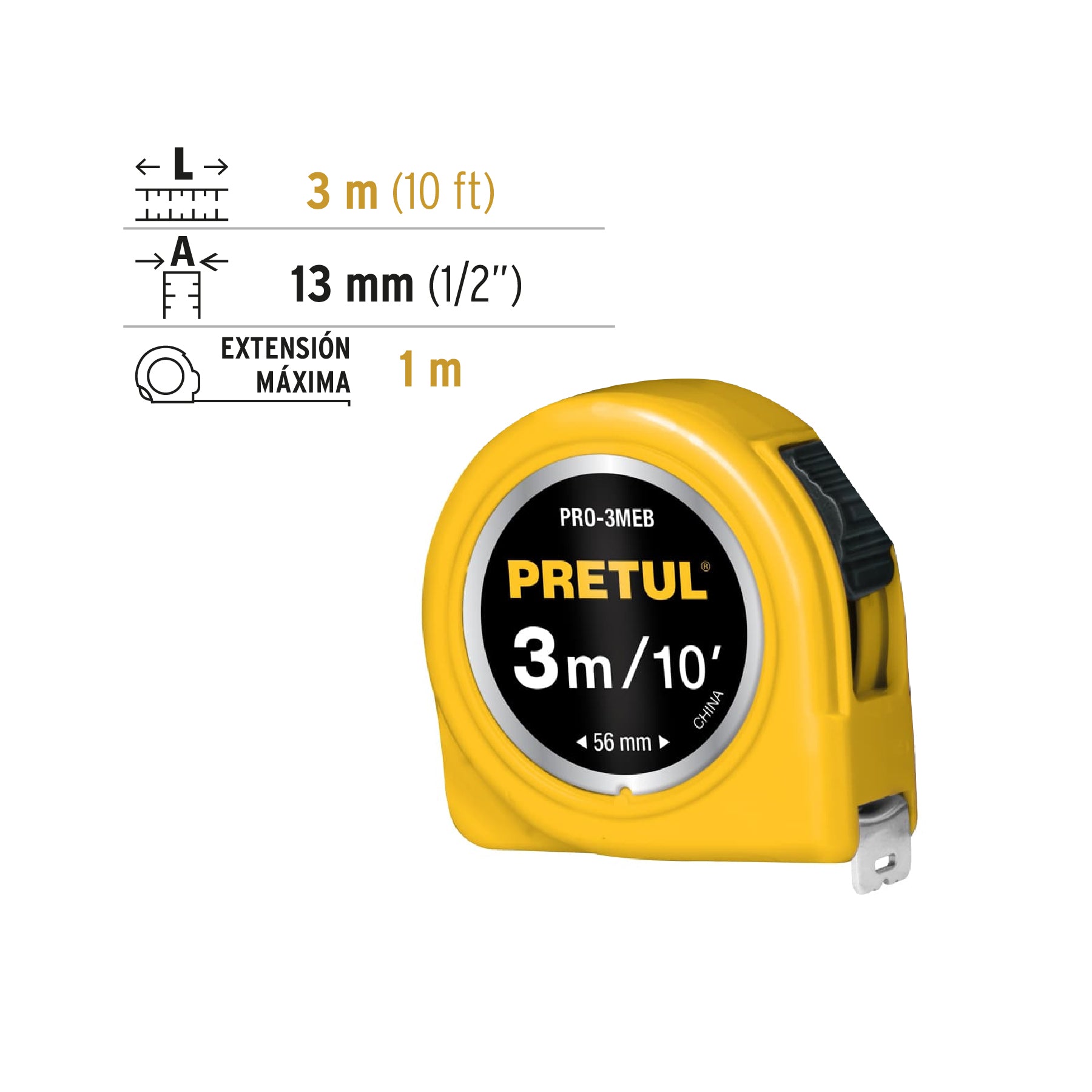 Flexómetro, amarillo, 3m,cinta 13mm, Pretul,tarjeta plástica