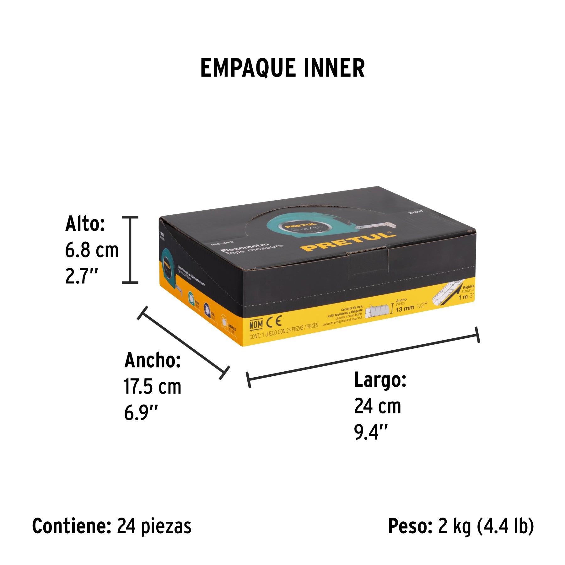 Flexómetros 3 m, cinta 13 mm en display box, 24 pzas, Pretul