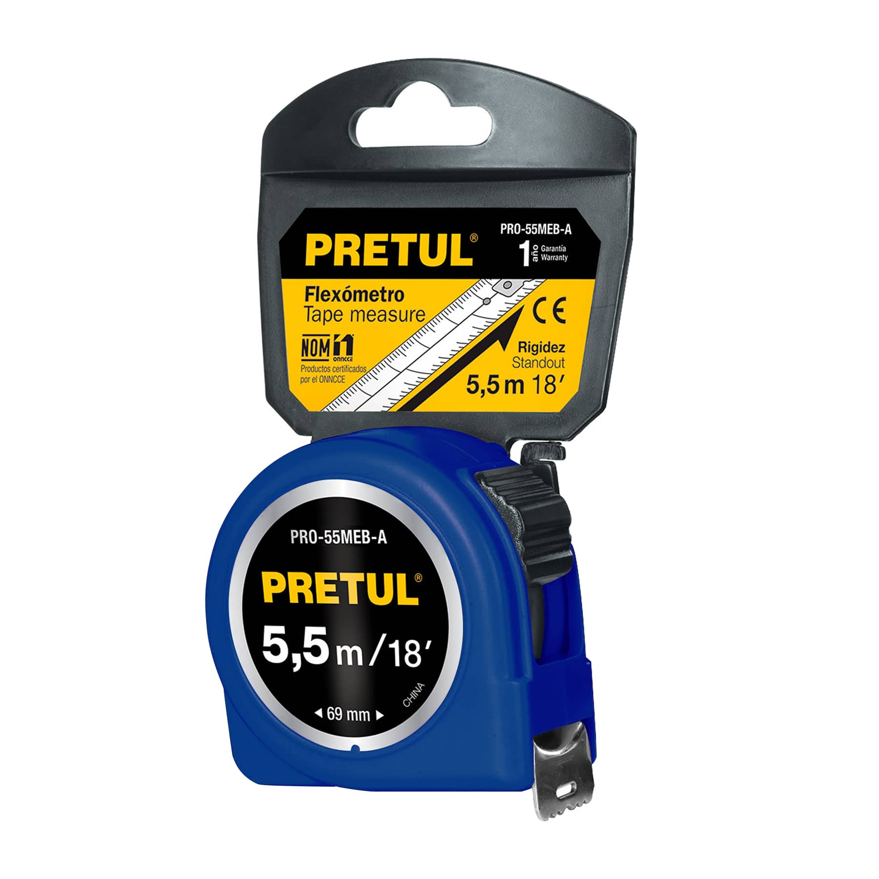 Flexómetro azul, 5.5m, cinta 19mm, Pretul, tarjeta plástica