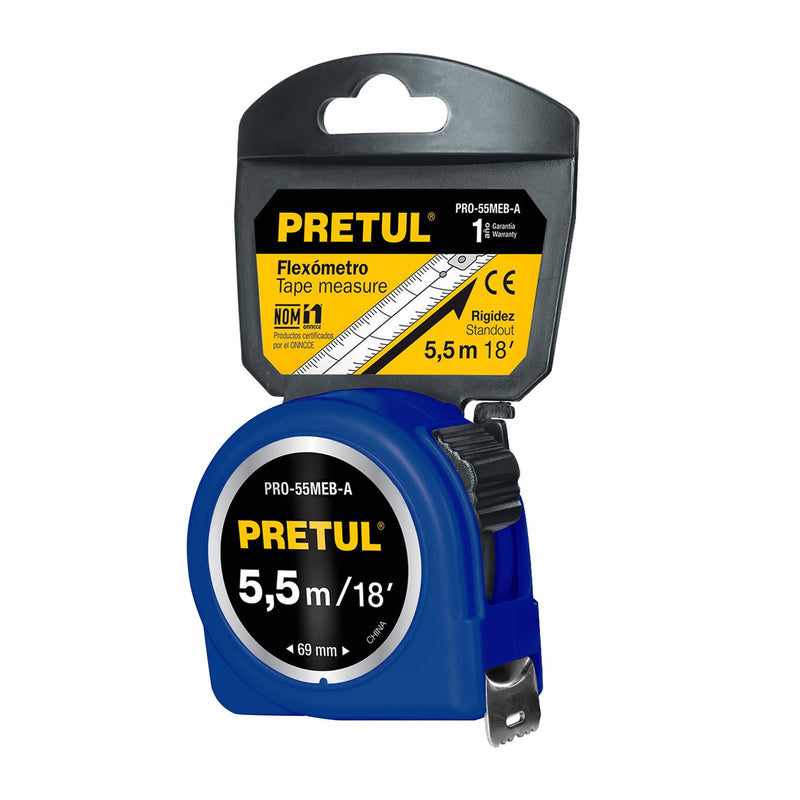 Flexómetro azul, 5.5m, cinta 19mm, Pretul, tarjeta plástica