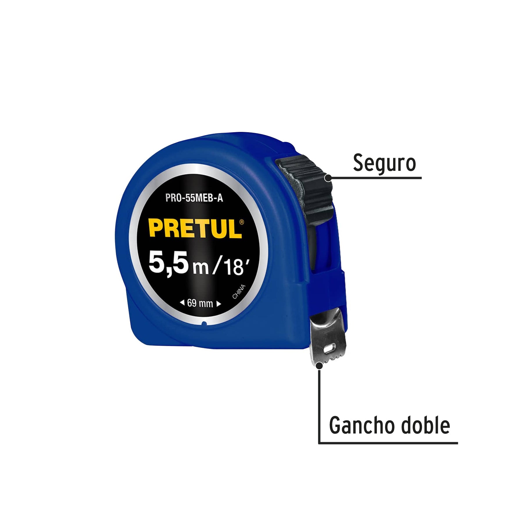 Flexómetro azul, 5.5m, cinta 19mm, Pretul, tarjeta plástica