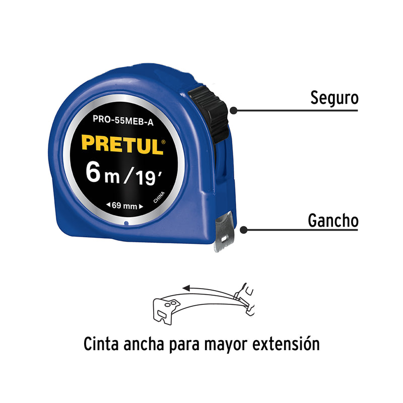 Flexómetro azul, 5.5m, cinta 19mm, Pretul, tarjeta plástica