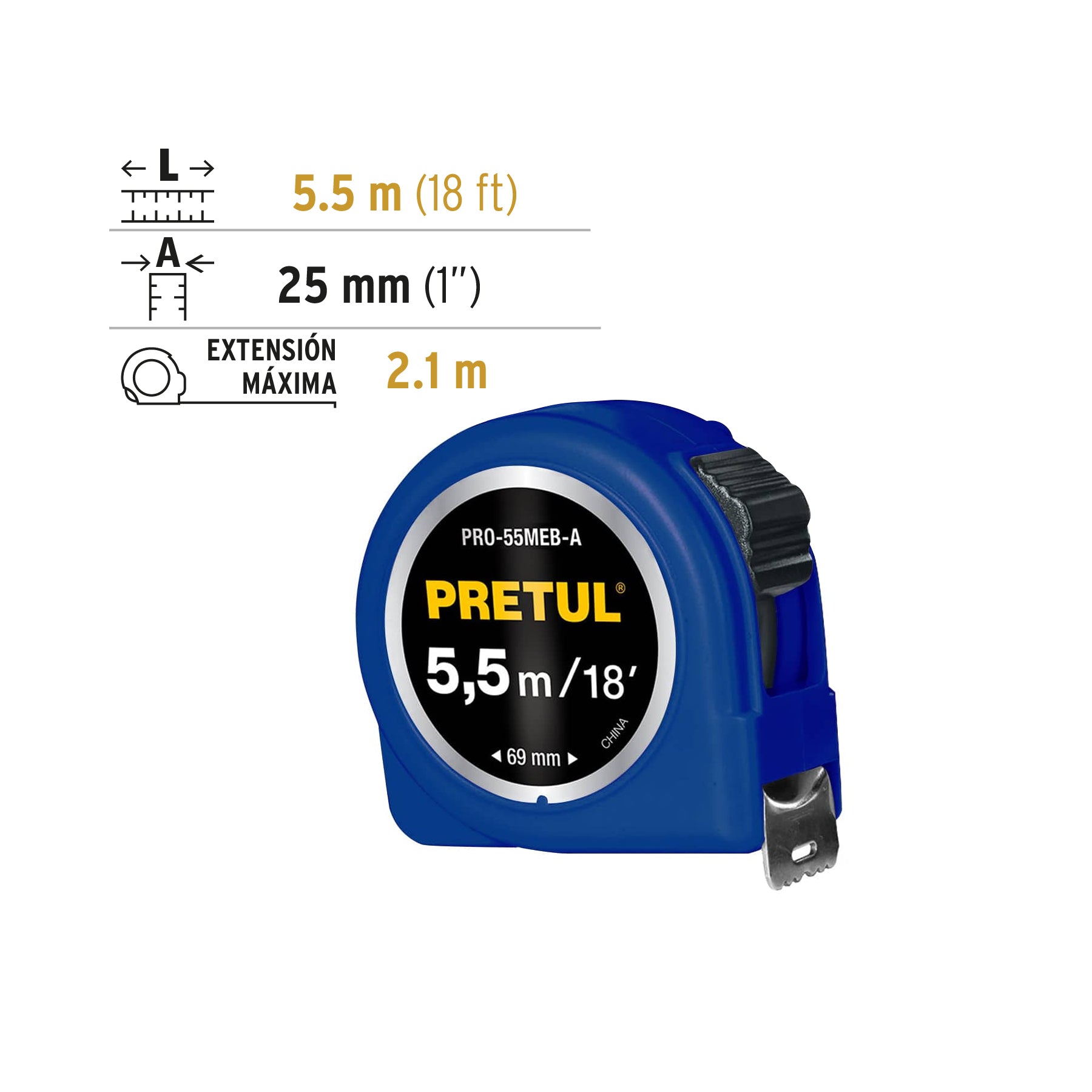 Flexómetro azul, 5.5m, cinta 19mm, Pretul, tarjeta plástica