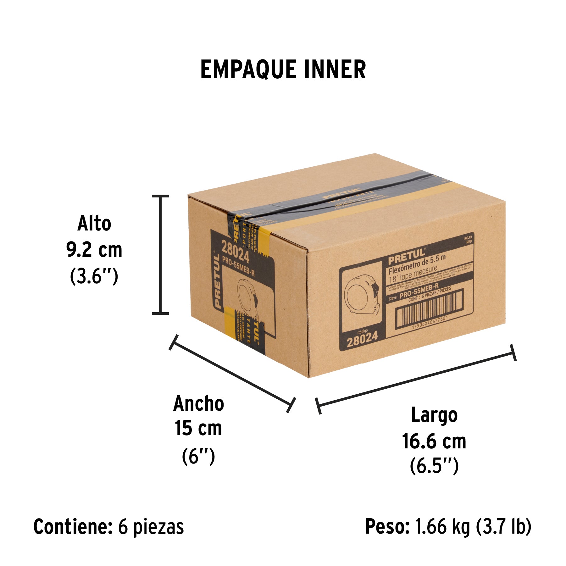 Flexómetro verde, 5.5 m,cinta 19 mm,Pretul, tarjeta plástica