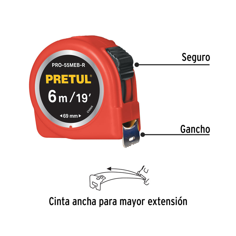 Flexómetro verde, 5.5 m,cinta 19 mm,Pretul, tarjeta plástica