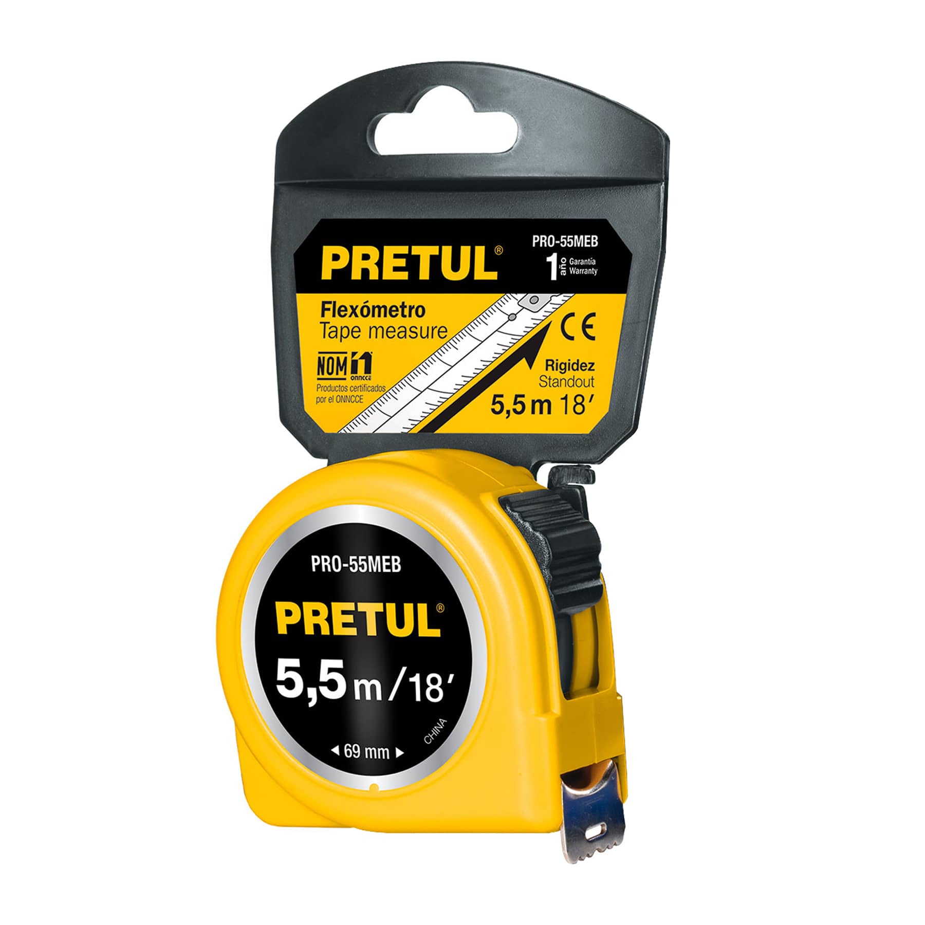 Flexómetro amarillo,5.5m,cinta 19mm, Pretul,tarjeta plástica