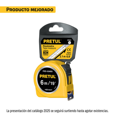 Flexómetro amarillo,5.5m,cinta 19mm, Pretul,tarjeta plástica