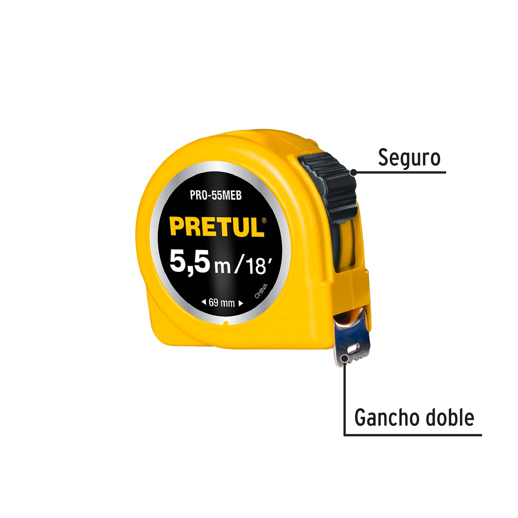 Flexómetro amarillo,5.5m,cinta 19mm, Pretul,tarjeta plástica