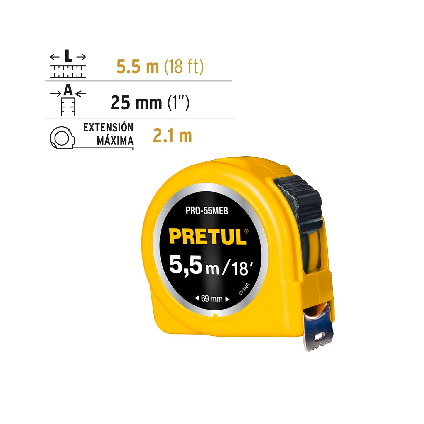 Flexómetro amarillo,5.5m,cinta 19mm, Pretul,tarjeta plástica