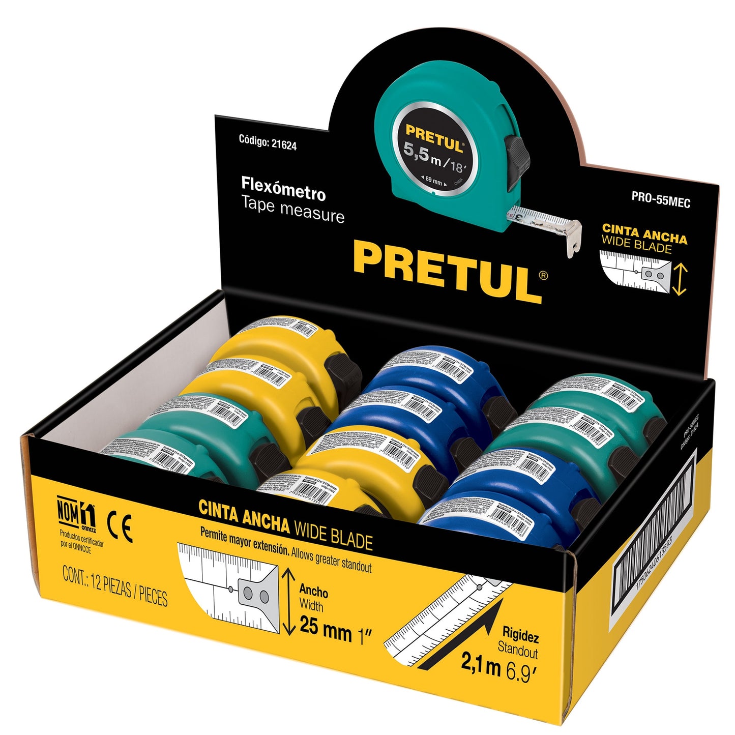 Flexómetros 5.5m, cinta 19 mm, display box,12 pzas,Pretul