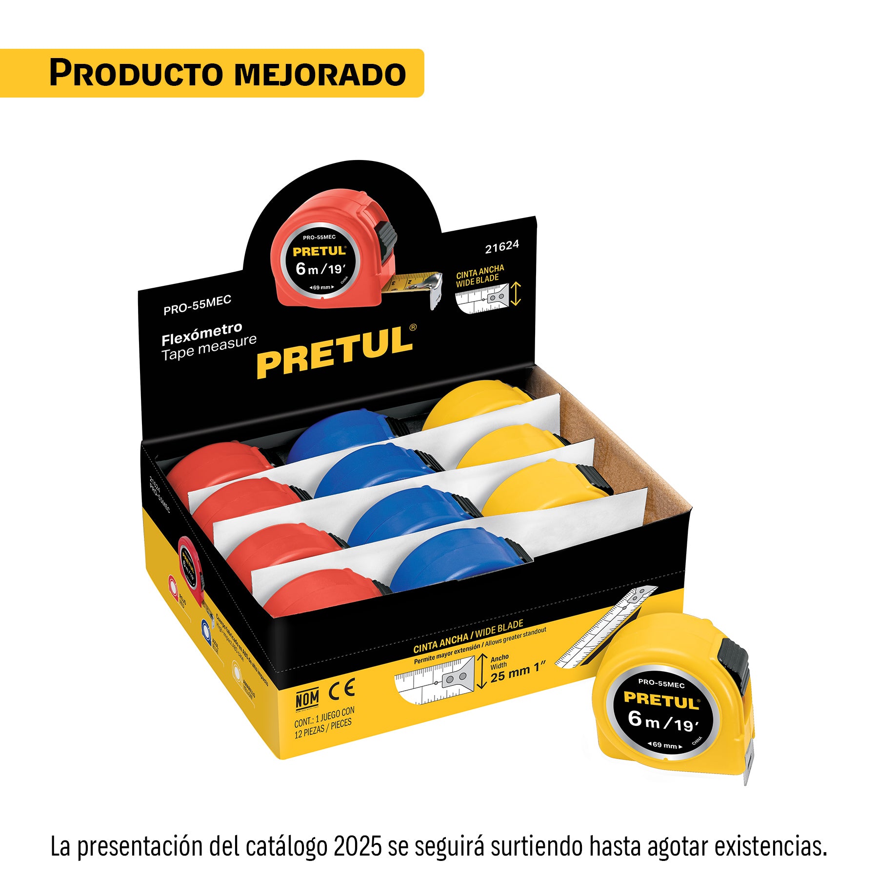 Flexómetros 5.5m, cinta 19 mm, display box,12 pzas,Pretul