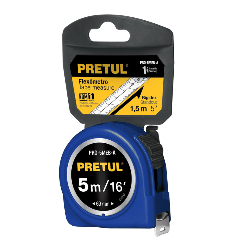 Flexómetro, azul, 5 m, cinta 19 mm, Pretul, tarjeta plástica