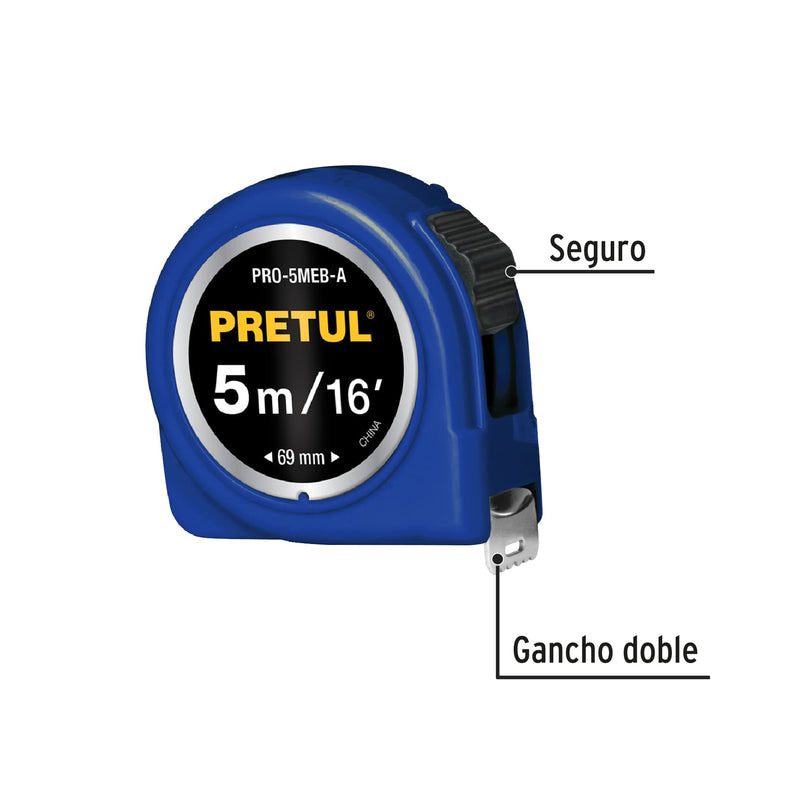 Flexómetro, azul, 5 m, cinta 19 mm, Pretul, tarjeta plástica
