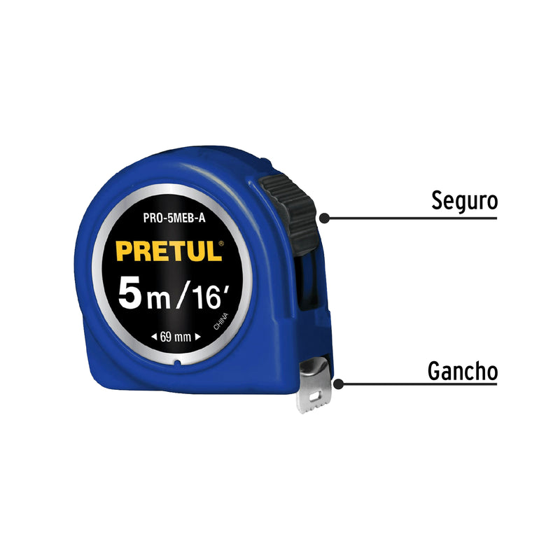 Flexómetro, azul, 5 m, cinta 19 mm, Pretul, tarjeta plástica