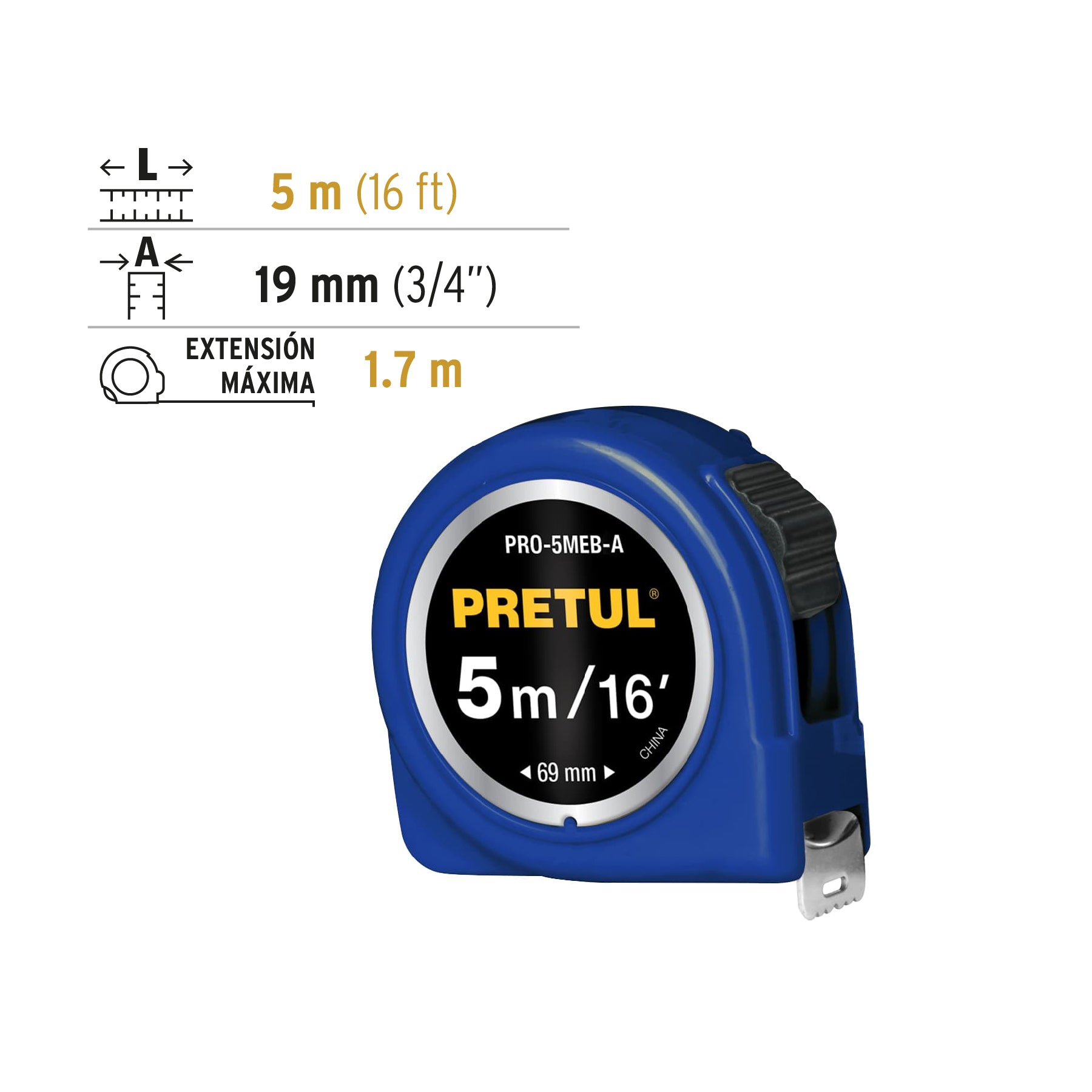 Flexómetro, azul, 5 m, cinta 19 mm, Pretul, tarjeta plástica