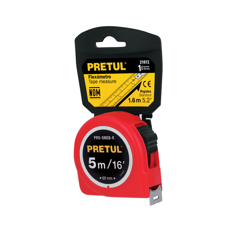 Flexómetro, rojo, 5 m, cinta 19 mm, Pretul, tarjeta plástica
