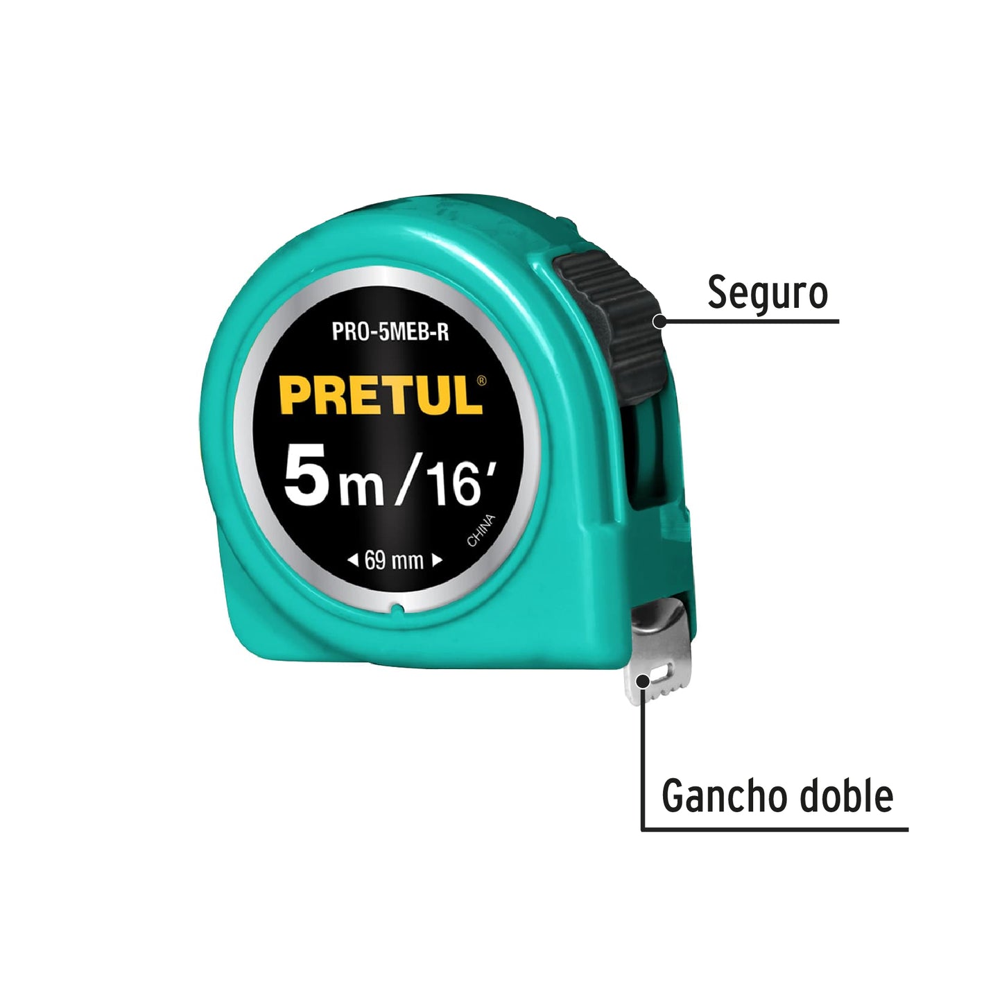 Flexómetro, rojo, 5 m, cinta 19 mm, Pretul, tarjeta plástica