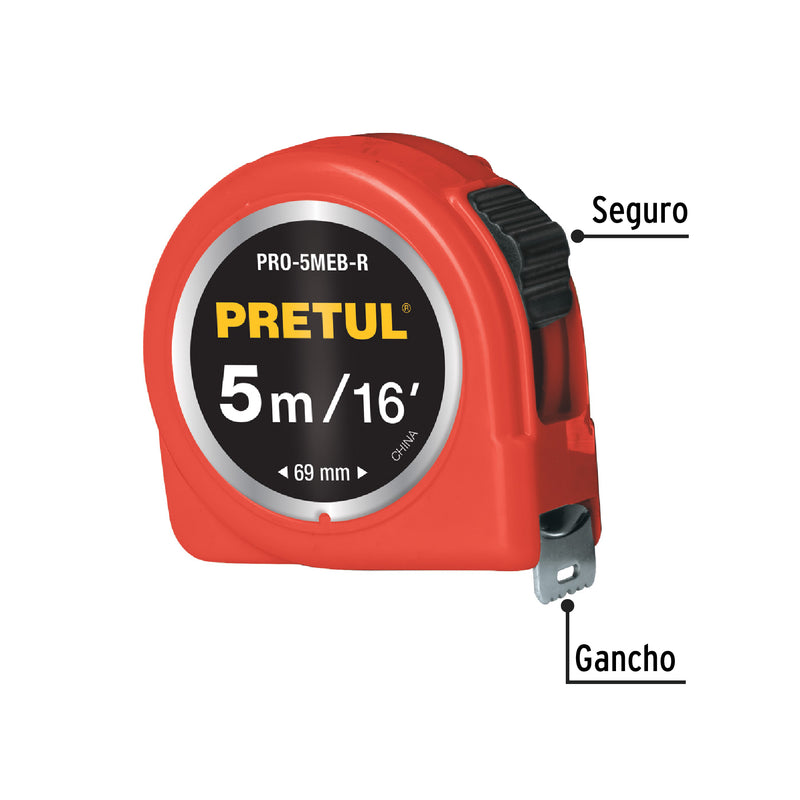 Flexómetro, rojo, 5 m, cinta 19 mm, Pretul, tarjeta plástica