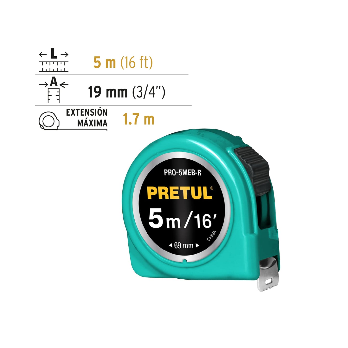 Flexómetro, rojo, 5 m, cinta 19 mm, Pretul, tarjeta plástica