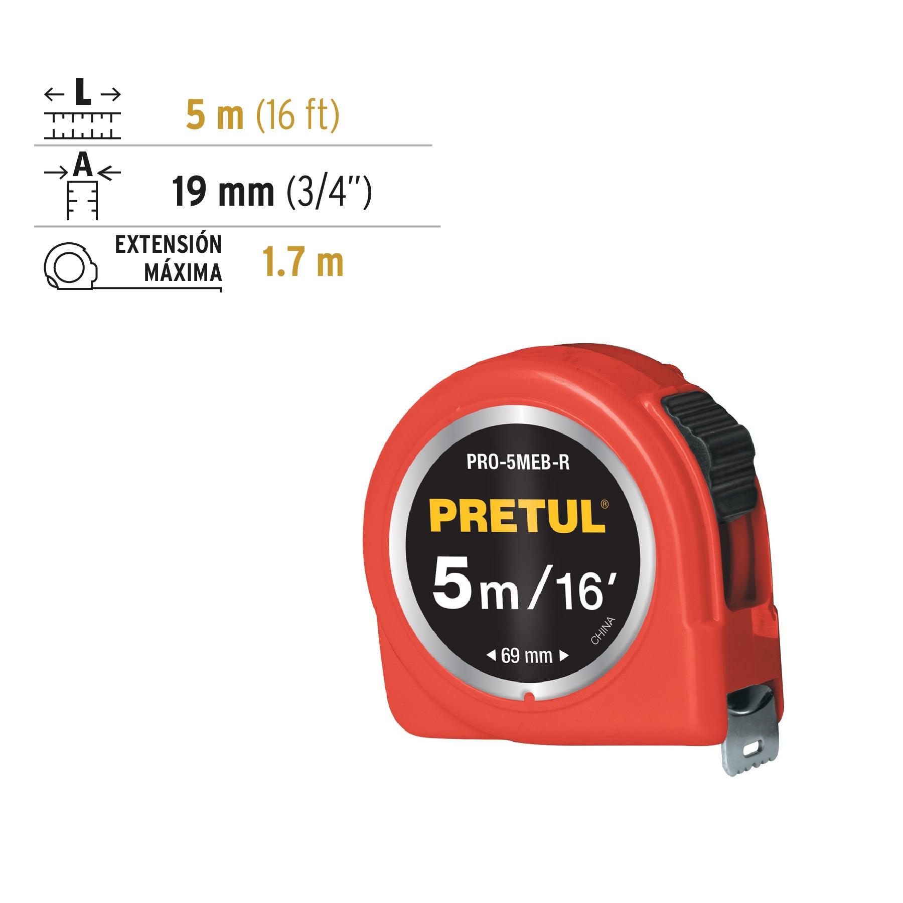 Flexómetro, rojo, 5 m, cinta 19 mm, Pretul, tarjeta plástica