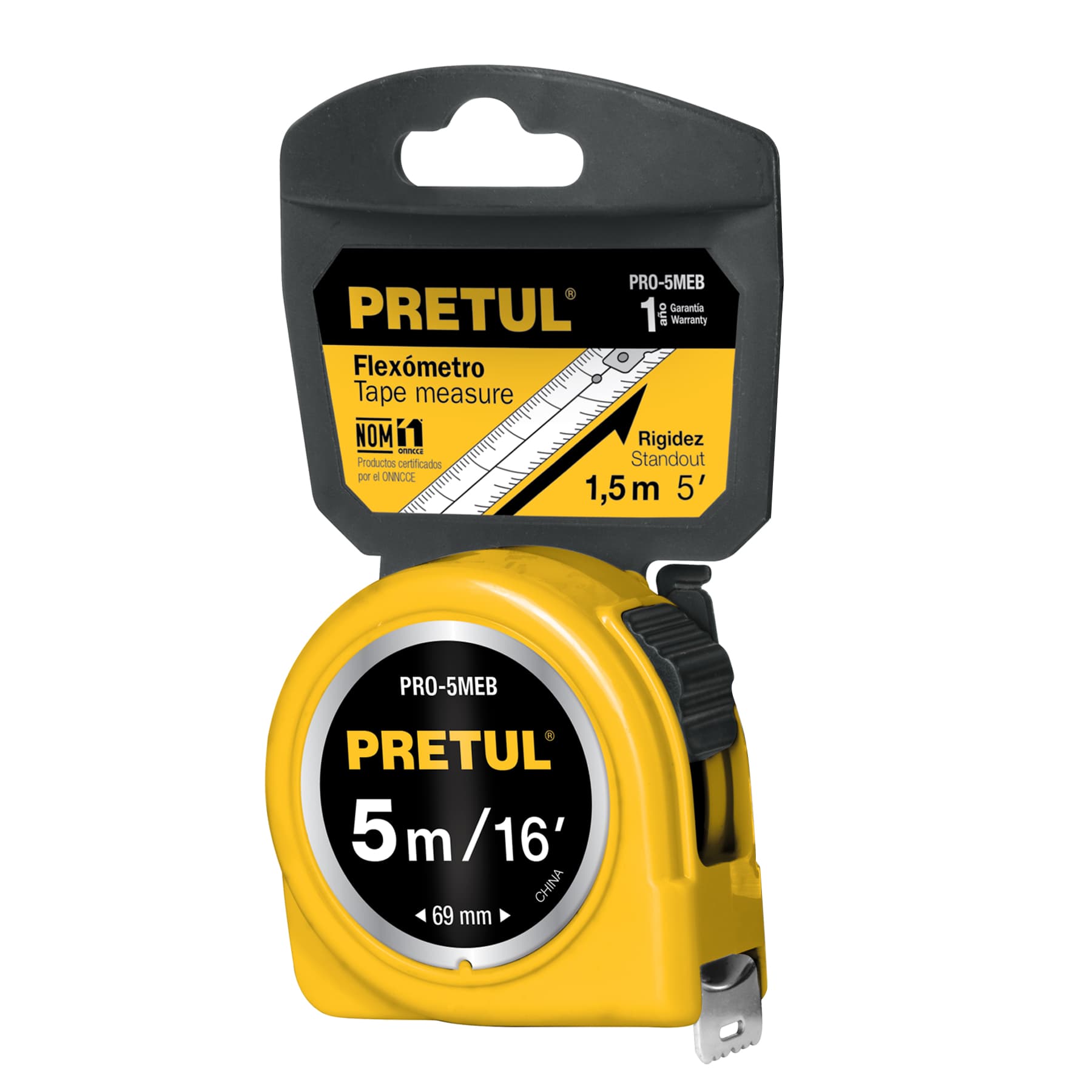 Flexómetro, amarillo, 5m,cinta 19mm, Pretul,tarjeta plástica