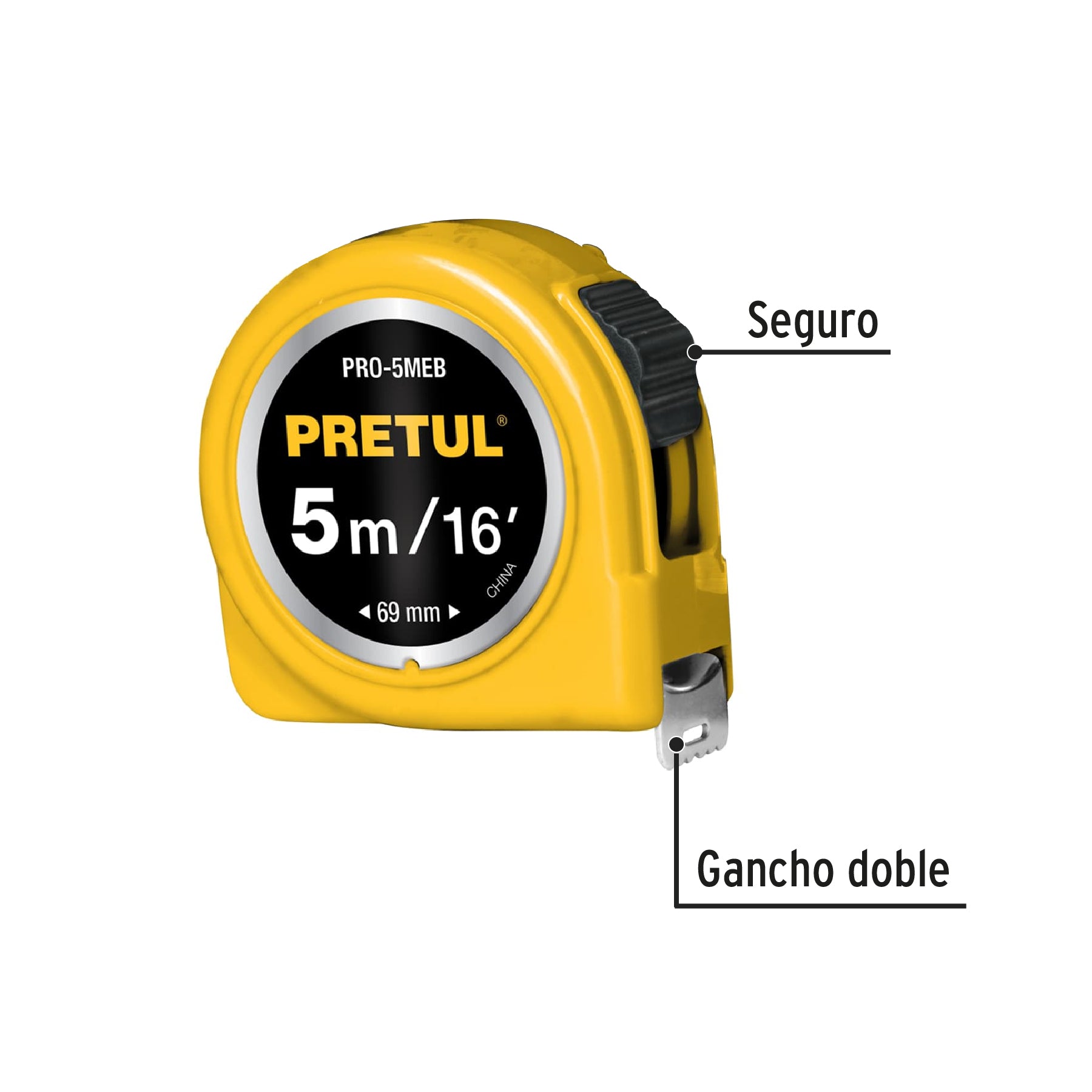 Flexómetro, amarillo, 5m,cinta 19mm, Pretul,tarjeta plástica